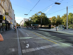 Platforms from the northbound side. Road vehicles should give way to those accessing or exiting northbound trams