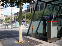 The steep incline lift to the island platform for trams to Gelsenkirchen, H�ntrop Kirche, Langendreer and Heven Dorf, with one of the stair entrances in the background