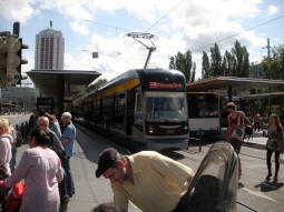 One of the platforms with a tram departing
