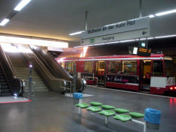 Looking across from the platform for trams to Uhlenhorst to the one for trams to Duisburg, where a tram is waiting