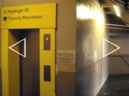 The lift to the platform for trams to Manchester. The stairs are off to the right