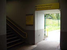 In the subway, with the split for the two ways to get to the platform for trams to Manchester