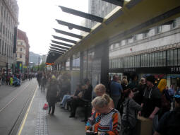 Looking along the platform for trams via Shudehill