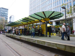 The island platform for trams via Piccadilly Gardens, Market Street or Exchange Square, with the nearest side for the latter