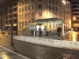 Night panorama of the platform for trams to Altrincham, St, Werburgh's Road and Eccles