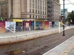 Auto-stitched panorama of the platform for trams to Bury, Oldham Mumps and Piccadilly