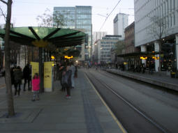 Looking along the platform for trams via Market Street and Piccadilly Gardens