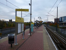 The island platform from the side for trams to Manchester