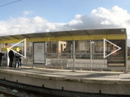 Auto-stitched panorama of the platform for trams to Manchester (and, far left, looking along the platform for trams to Rochdale)