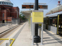 Looking onto the island platform from the ramp at the end nearest the railway station