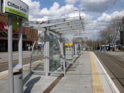 Looking along the side of the platform for trams to Clifton South