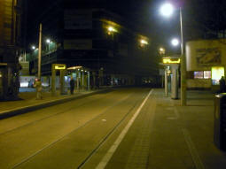 The stop at night, pictured from the platform for trams to Hucknall or Phoenix Park