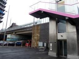 The lift and stairs to the stop (platform 1's shelter of which can be seen in the middle of the picture) from Great Charles Street Queensway