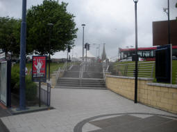 Looking up to the bus station from platform 1 for trams to Birmingham